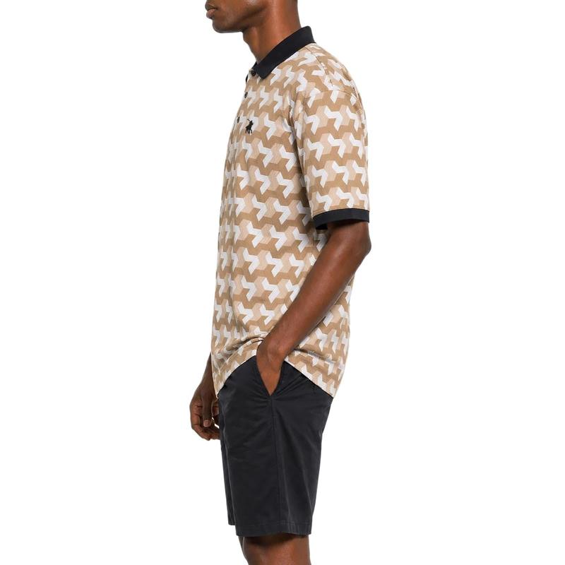 Polo Geo Print Short Sleeve Mercerised Golfer - Stone - View 4